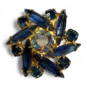 Vintage Signed Tara Blue Crystal Gold tone Brooch